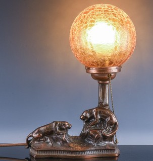 WONDERFUL c1930 ART DECO BRONZED SPELTER PANTHERS FIGURAL AMBER GLASS RADIO LAMP