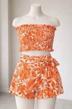 Orange Floral Strapless Crop Top and Shorts Set with Ruffle and Bow Accents