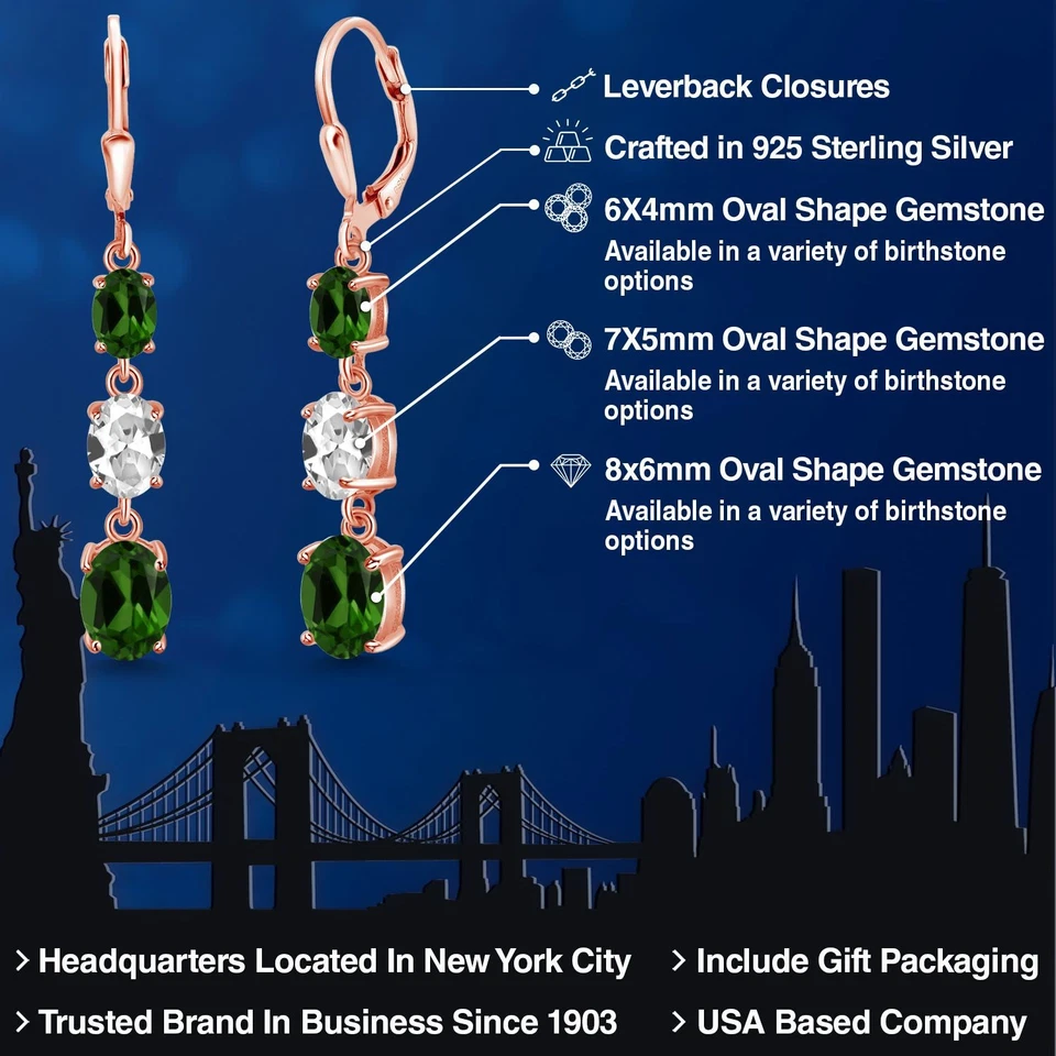 18K Rose Gold Plated Silver Green Chrome Diopside 3 Stone Dangle Earrings For - Image 2 of 4