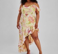 City Studio Women's Yellow Asymmetric Cold-Shoulder Dress Plus Size 1X