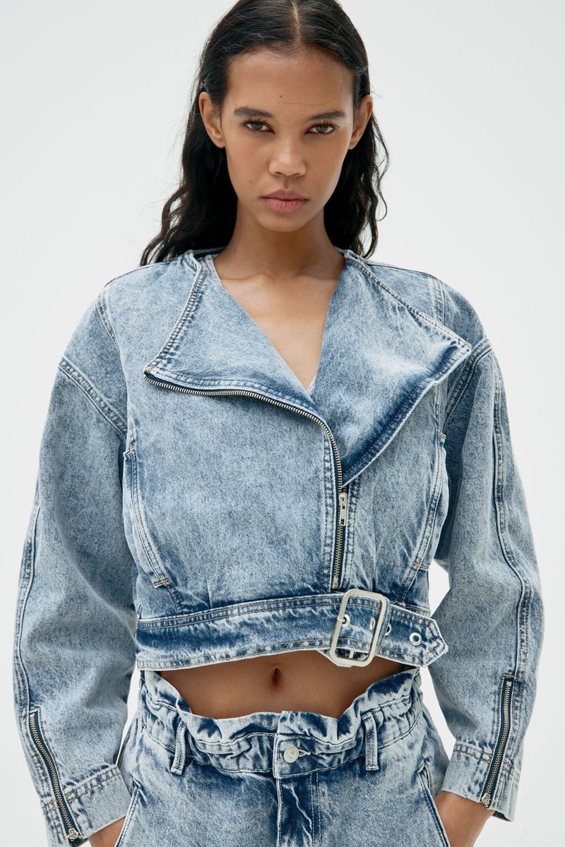 ZARA NEW WOMAN LIGHT BLUE WASHED EFFECT CROPPED DENIM JACKET