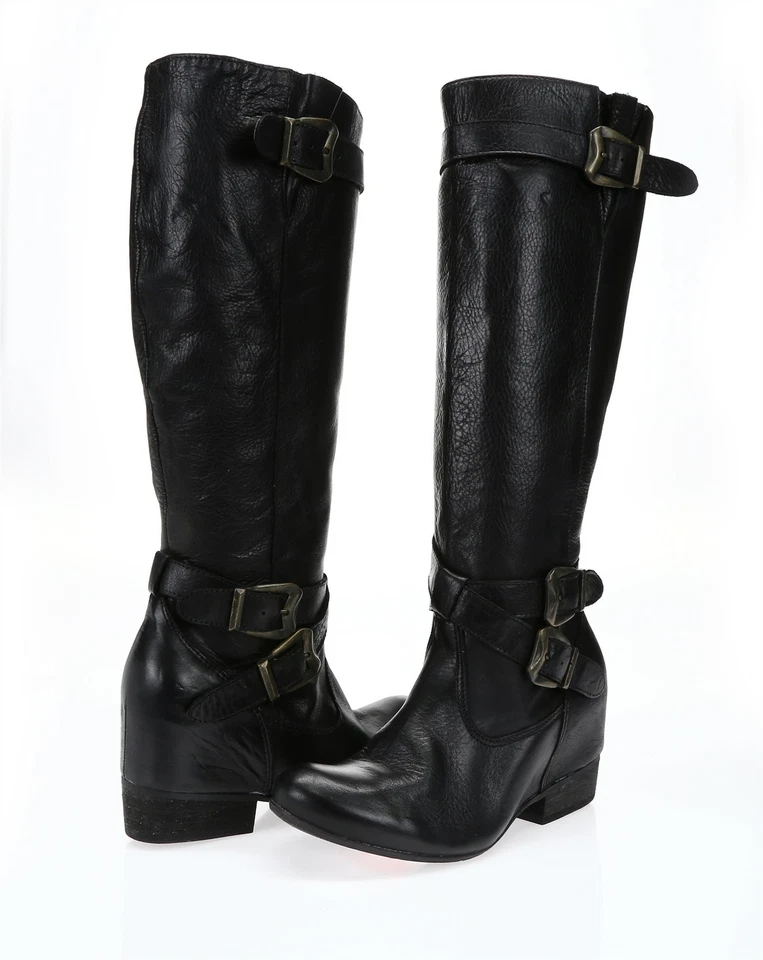 Botas de cuña MIZ MOOZ para mujer de cuero negro talla 6 con hebilla hasta la rodilla ¡NUEVAS! 218177 Foto 2 de 4
