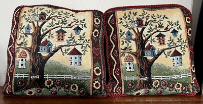 2 Vintage Mohawk Home Tapestry Throw Pillows Birdhouse Scene 16'' x 16'' USA