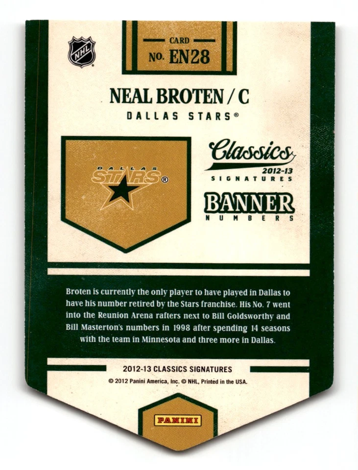 Neal Broten 2012-13 Panini Classics Signatures Banner Numbers #EN28 Dallas Stars - Image 2 of 2