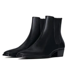 Mens Pointy Toecuban Heel Ankle Boots Pull On Chelsea Office Dress Shoes Loafer