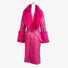 Finesse Willa Hot Pink Vegan Leather Coat Faux Fur Collar Trench Jacket Sz Xs