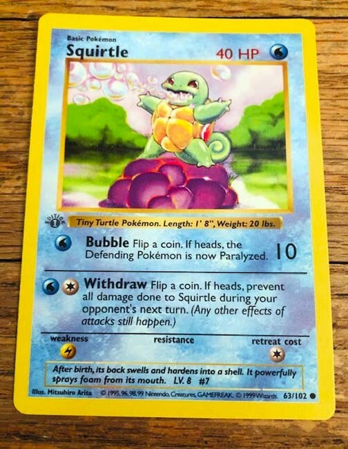 ポケモンカードゲーム Squirtle 1st edition shadow less 1st Edition Shadowless Squirtle 63/102 Base Set Vintage