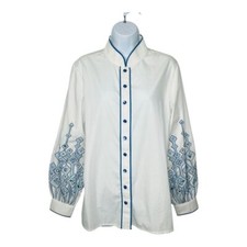 Bob Mackie Wearable Art White Button Up Blouse Blue Embroidered Sleeves Size Med