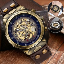 Luxury Men's Automatic Mechanical Wrist Watch Leather Strap Retro Skeleton Dial