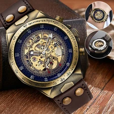 Luxury Men's Automatic Mechanical Wrist Watch Leather Strap Retro Skeleton Dial