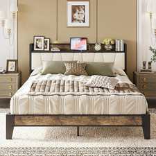 Queen Bed Frame, Storage Headboard with Charging Station, Solid and Stable, Nois