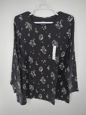 Croft & Barrow Womens 5XL Crew Neck Shirt  Black W/ White Floral Long Sleeve 