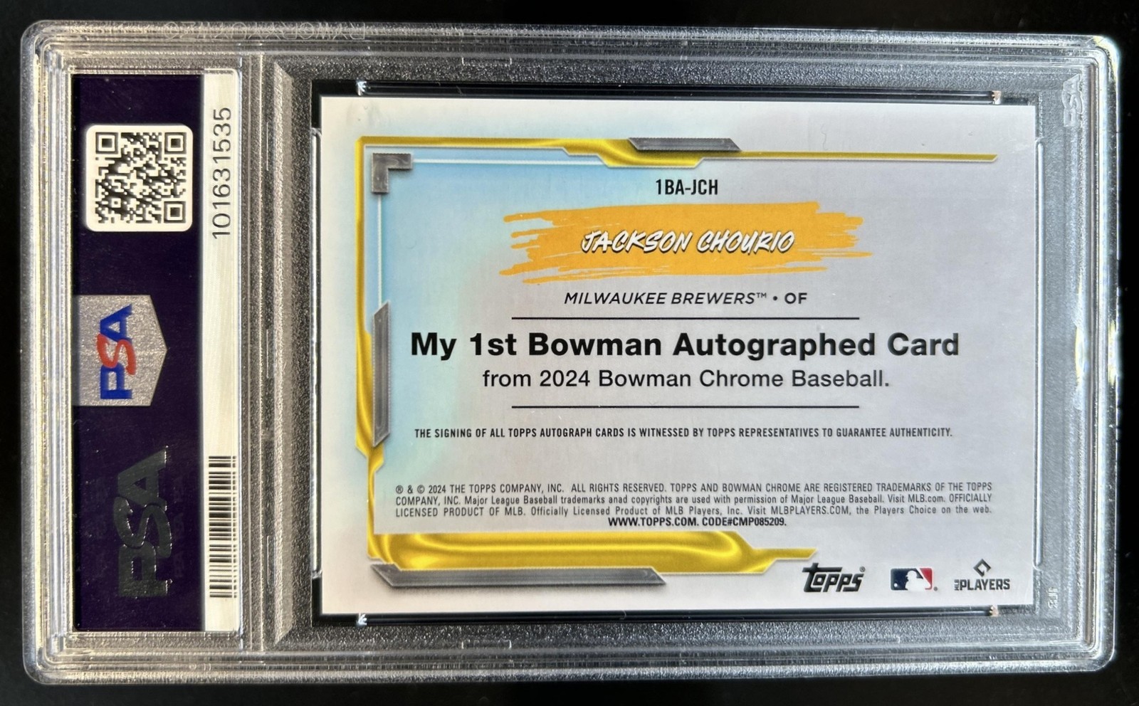 2024 Bowman Chrome Jackson Chourio My 1st Auto RC Orange Refractor #/25 PSA 10 view 2