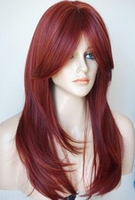 Long Red Layered Synthetic Wig with Bangs 26" Cherry Red Heat Resistant Cosplay