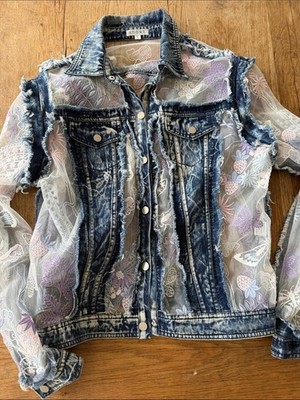 Adore Blue Acid-Wash Denim Jacket with Pastel Floral Embroidery size large
