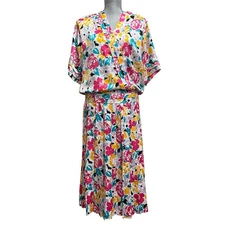 Halston III Blouse & Skirt Set 6 Floral Pleated Colorful Artsy Silky Secretary 