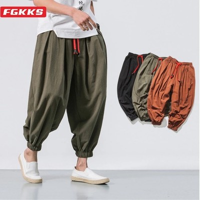 New Oversized Men Harem Pants Loose Chinese Style Cotton Linen Sweatpants Breath