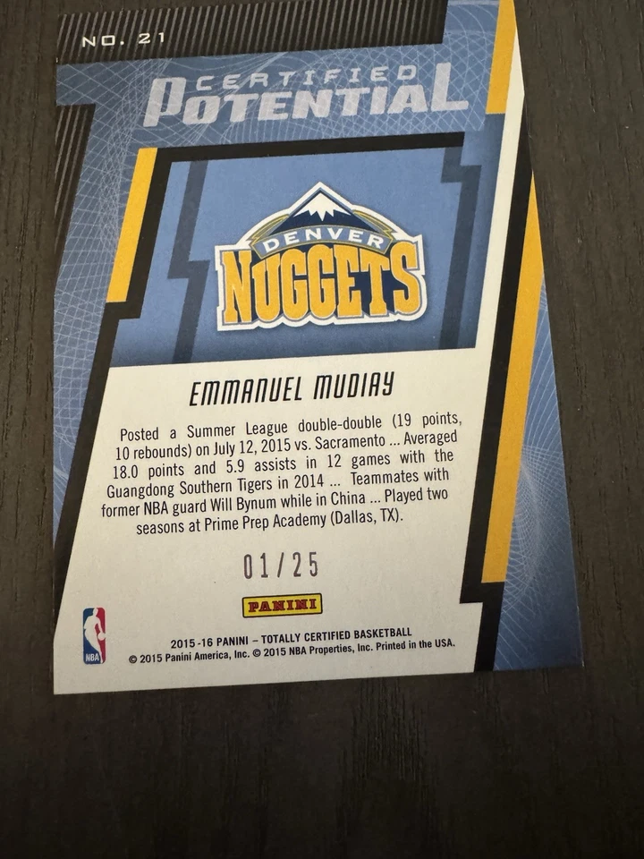 2015 Panini Totally Certified Potential Mirror /25 #21 EMMANUEL MUDIAY Rookie RC - Image 3 of 3