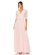 Mac Duggal Rose Pink V Neck Puff Sleeve Ruffle Tiered A Line Gown Size 22 798