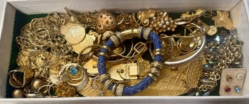Vintage To Now  Grandma's Jewerly Box Filled with Gold Tone Costume Jewelry