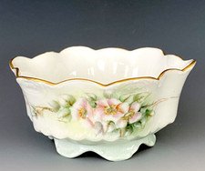 LIMOGES FRANCE ANTIQUE HAND PAINTED WILD ROSES FOOTED BOWL