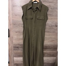 MNG By Mango Womens Green Cargo Dress Sz L Utility Collared Button Up Pockets