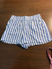 Sonoma Blue/White Striped Chino Pull-On Shorts L Linen Rayon Pockets
