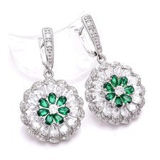 Emerald - Simulated  CZ Gemstone 925 Sterling Silver Flower Earring 1.75" E7736