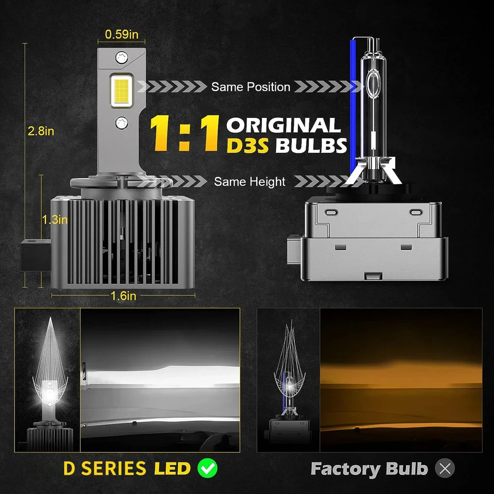 D1S D3S LED Headlights HID Canbus D4S D2S D8S 1:1 To Turbo Auto Bulb Plug&Play - Image 3 of 4