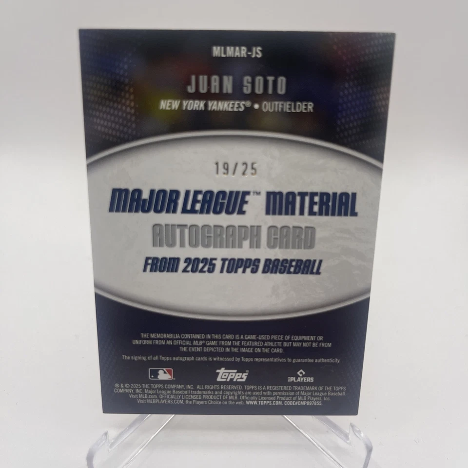 Juan Soto 2025 Topps Series 1 Major League Material Bat Relic Autograph /25. - Image 2 of 2