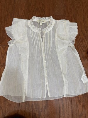 Cleobella White Sheer ruffle sleeve Button-Up coquette blouse size S
