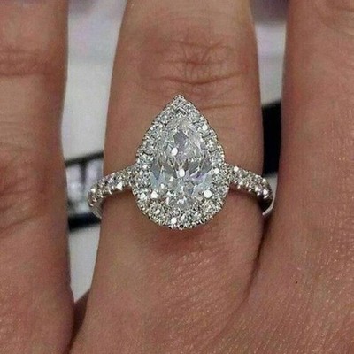 14k White Gold 2.70 Ct Lab Grown/CVD Diamond Pear Halo Engagement Gift Her Ring