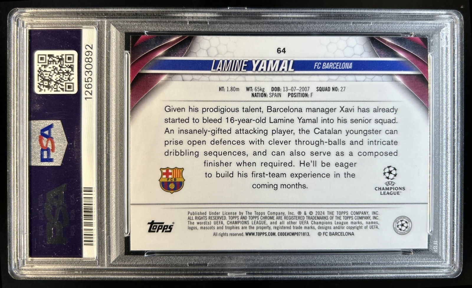 2023-24 Topps Chrome UEFA Lamine Yamal RC Rookie #64 Barcelona PSA 10 GEM MINT view 2