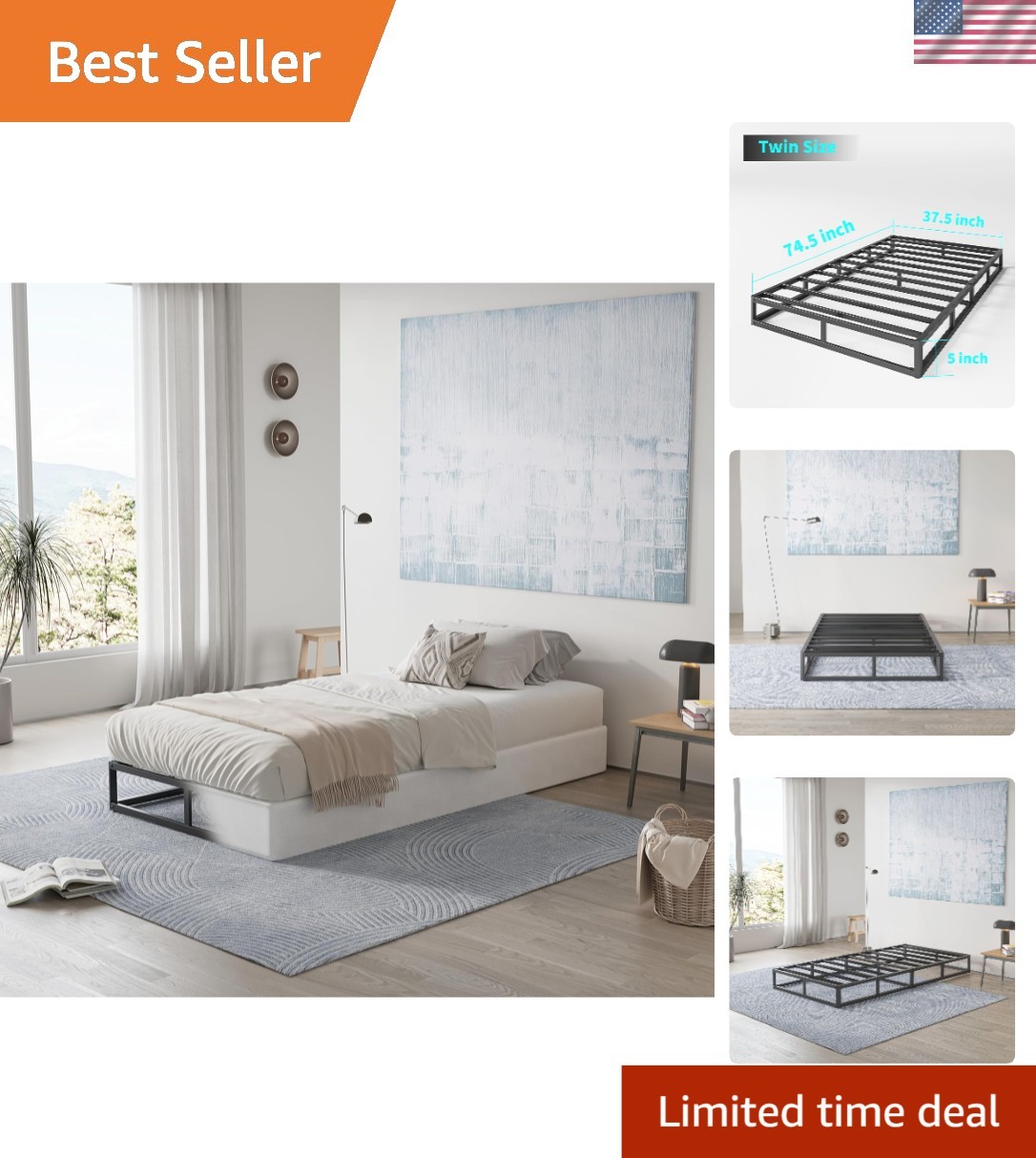 3000lbs Capacity Twin Box Spring - Low Profile Metal Foundat