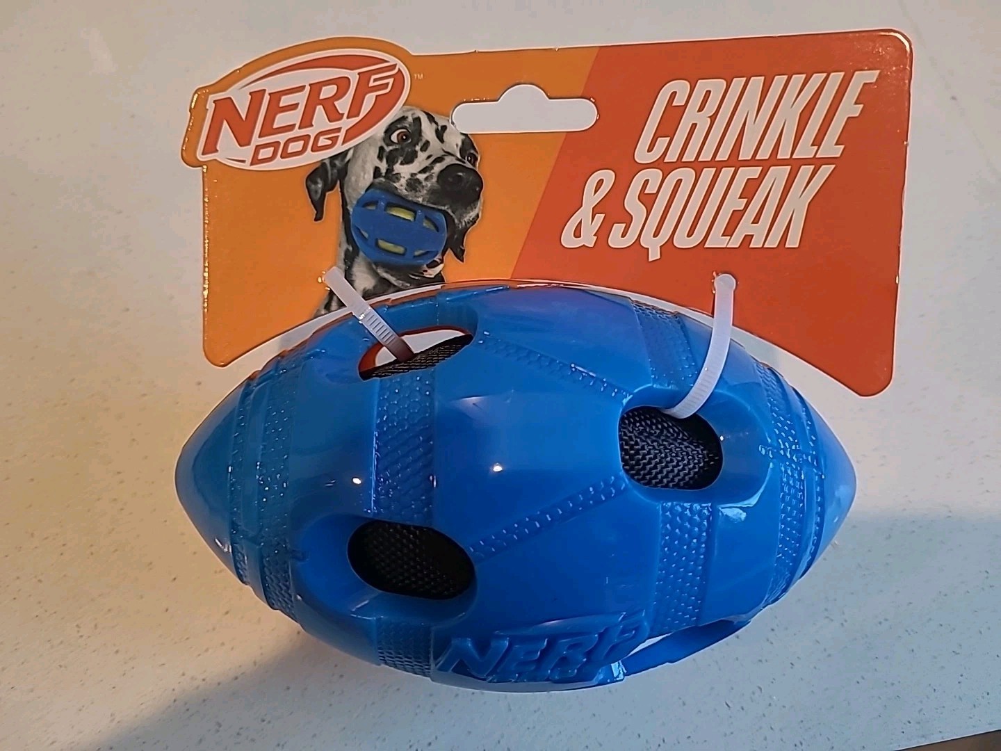 NEW NERF DOG Orange / Blue Crinkle & Squeak 6 Inch. Rubber F