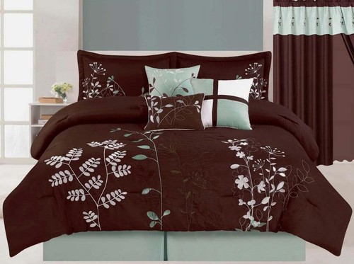 7-Piece Floral Embroidered Microfiber Comforter Set, King, Brown, Aqua, Green