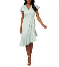 Adrianna Papell Tea Length Dress 14 Blue Silky Flowy Romantic Party Wedding NEW