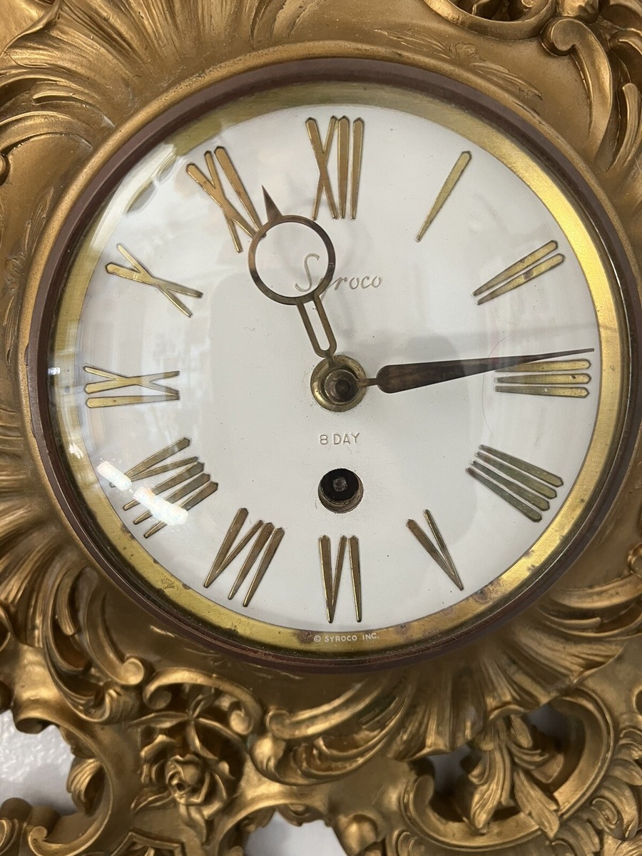 Vintage Mid Century Syroco 8-Day Wall Clock Gold Ornate 19