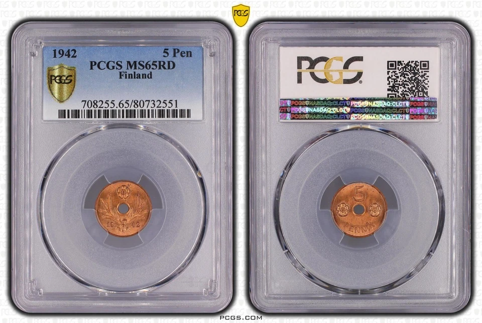 Finland - 1942 Republic WWII ISSUE - 5 Pennia - PCGS MS65RD - UNIQUE TO PCGS - Image 3 of 3