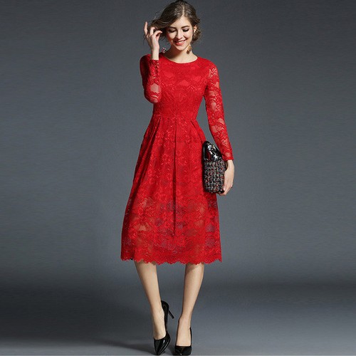 Elegante vestito abito rosso pizzo maniche corto scampanato slim morbido  4260 | eBay