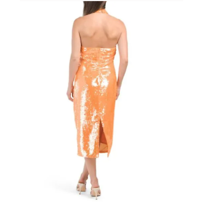caroline constas orange dress CAROLINE CONSTAS Orange Halter Fully Lined Midi Sequin Dress Size M