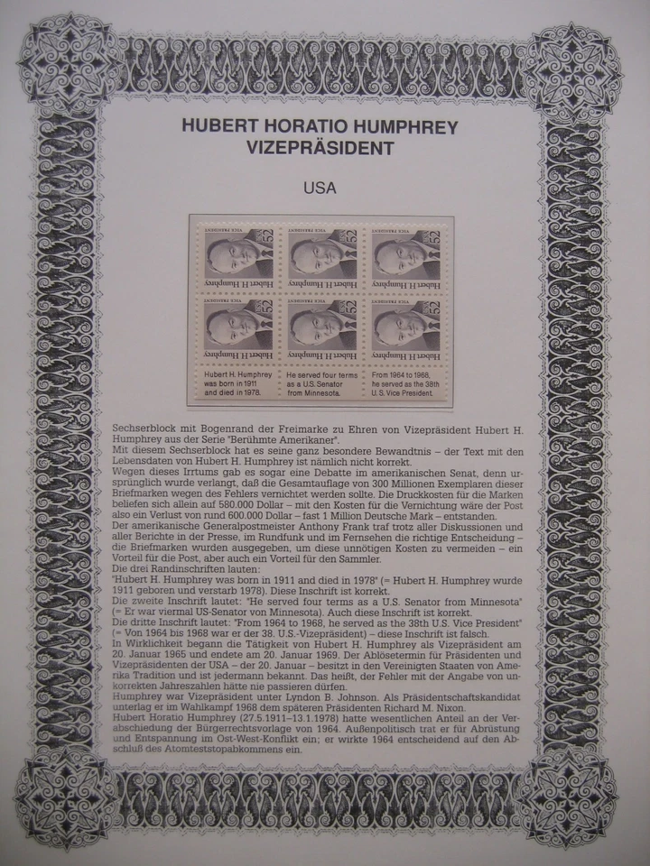 Irrtümer auf Briefmarken / USA Mi 2145 ( mit Rand ) : Hubert Horatio Humphrey - Bild 1 von 1