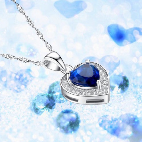 Collar colgante corazón zafiro azul simulado plata de ley 925 regalo para mujer - Imagen 4 de 7