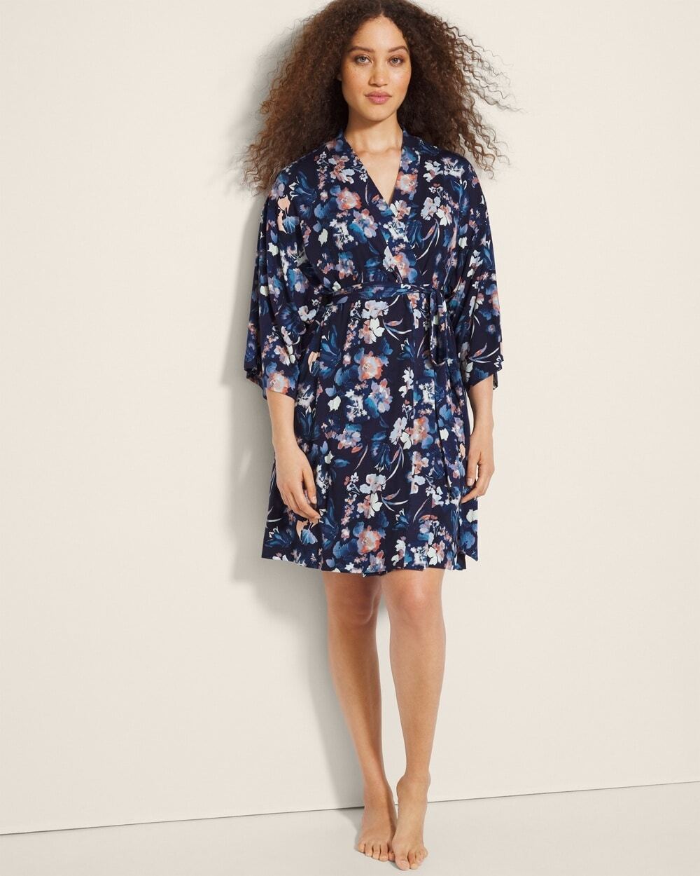 Soma Cool Nights Kimono Short Robe Phantom Floral Navy S/M