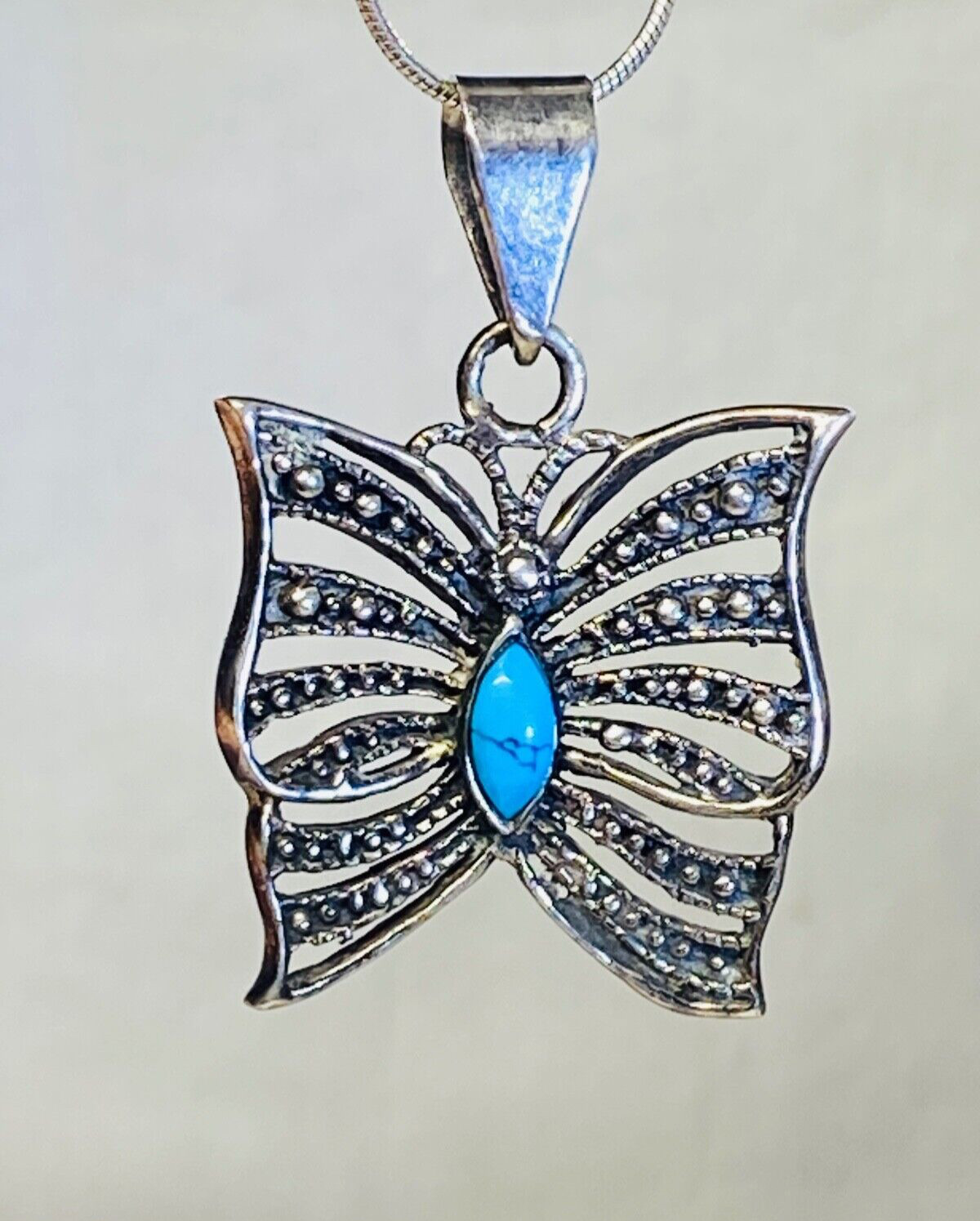 Vintage Sterling Silver 925 Turquoise Marcasite Butterfly Pendant Necklace 12.5g