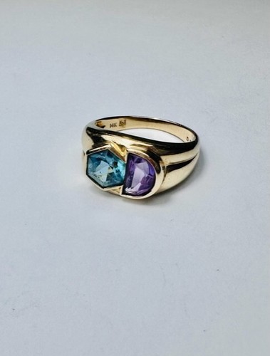 Womens Vintage Solid 14ct Yellow Gold Amethyst & Topaz Ring Jewellery Gift 585