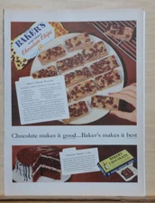 1955 magazine ad for Baker's Chocolates - Blonde Brownies & Shadow Cake recipes