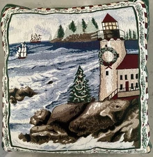 Vintage Winter Lighthouse Shoreline Tapestry Embroided Throw Pillow 17" X 17"