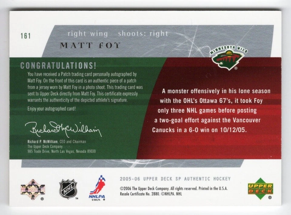 2005-06 SP Authentic Future Watch Limited Auto Patch #161 Matt Foy 051/100 - Image 2 of 2