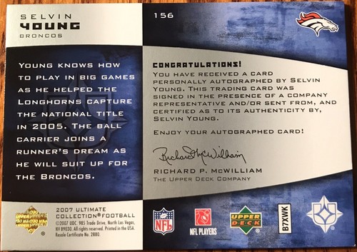 2007 Ultimate Collection Rookie Signatures Selvin Young #156 #’d 249/250 - Picture 2 of 2